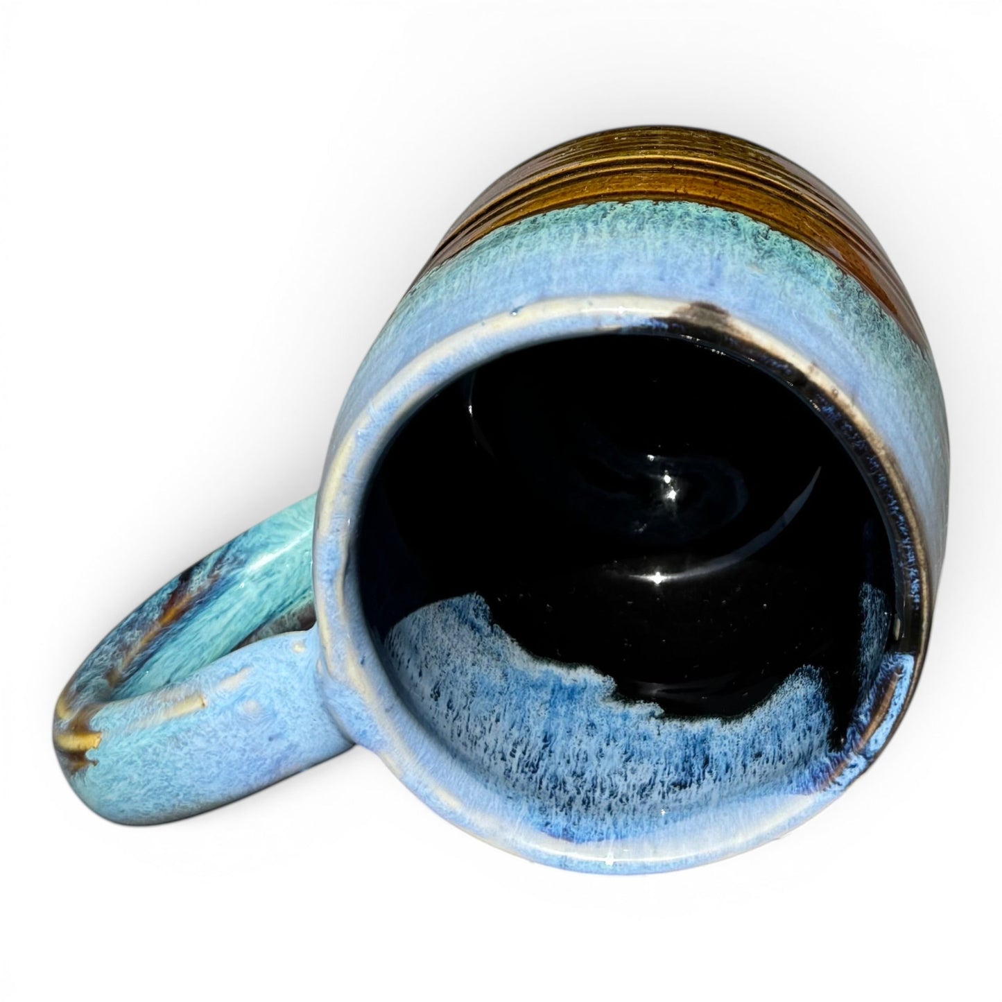 Rock N Art Shop Castile Blue & Turkish Amber 9 oz ceramic mug with glossy black interior. Handmade stoneware.