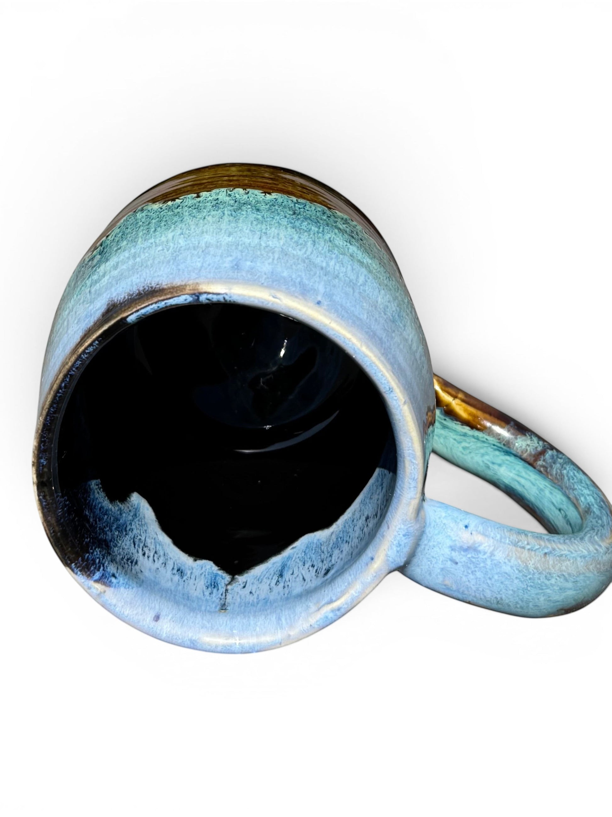 Rock N Art Shop Castile Blue & Turkish Amber 9 oz ceramic mug with glossy black interior. Handmade stoneware.