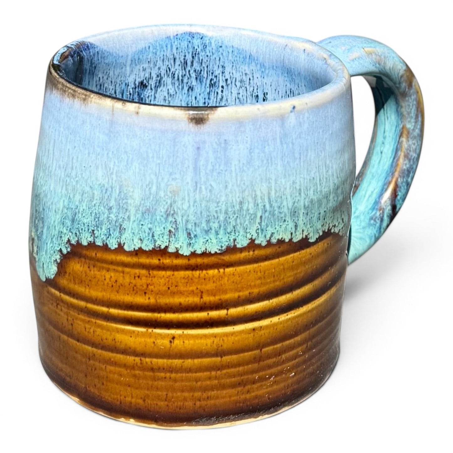 Rock N Art Shop Castile Blue & Turkish Amber 9 oz ceramic mug with glossy black interior. Handmade stoneware with unique glaze drip effect.