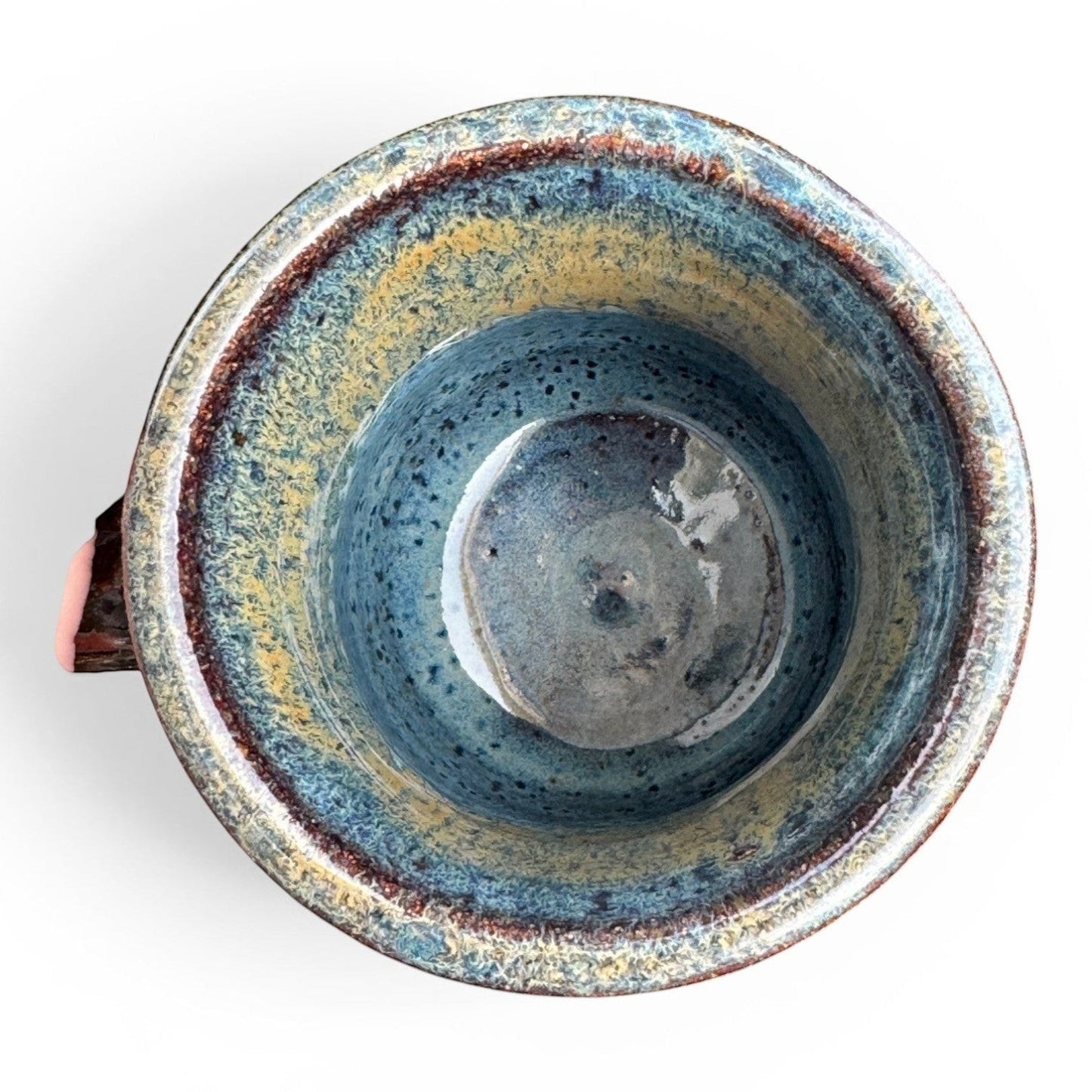 Rock N Art Shop handmade stoneware mug with blue, gold, and green drip glaze. Rustic wheel-thrown pottery, 14 oz.