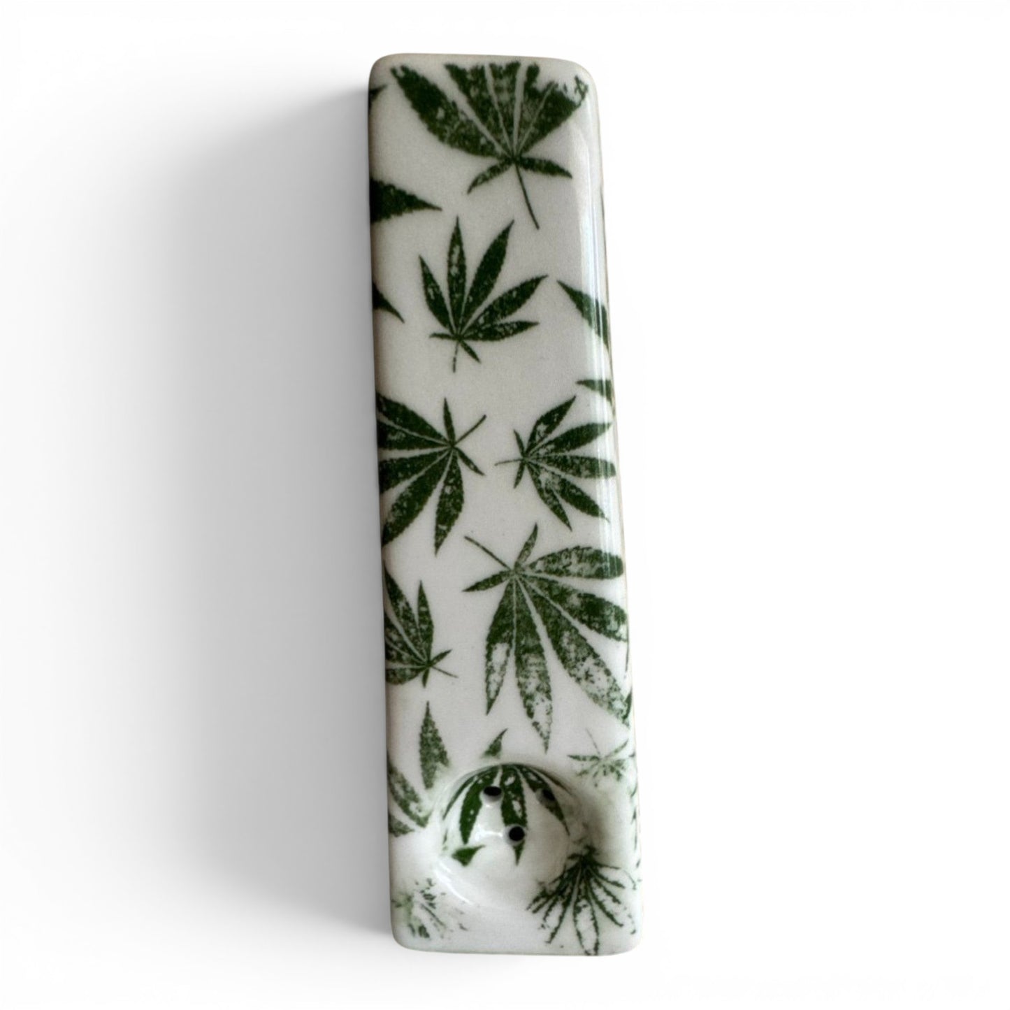 Rock N Art Shop hand-decorated stoneware tobacco pipe with green cannabis leaf design on white ceramic.