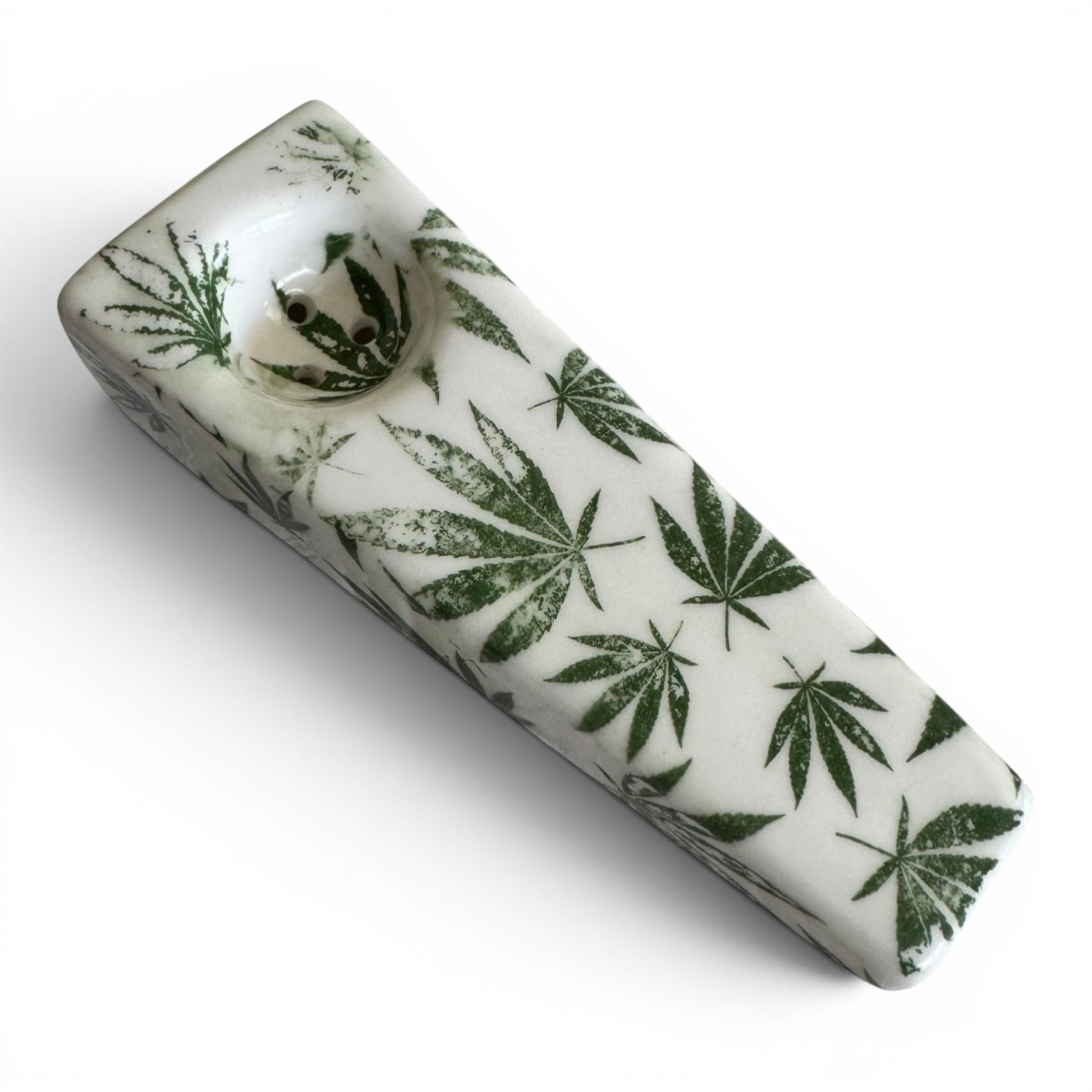 Rock N Art Shop hand-decorated stoneware tobacco pipe with green cannabis leaf design on white ceramic.