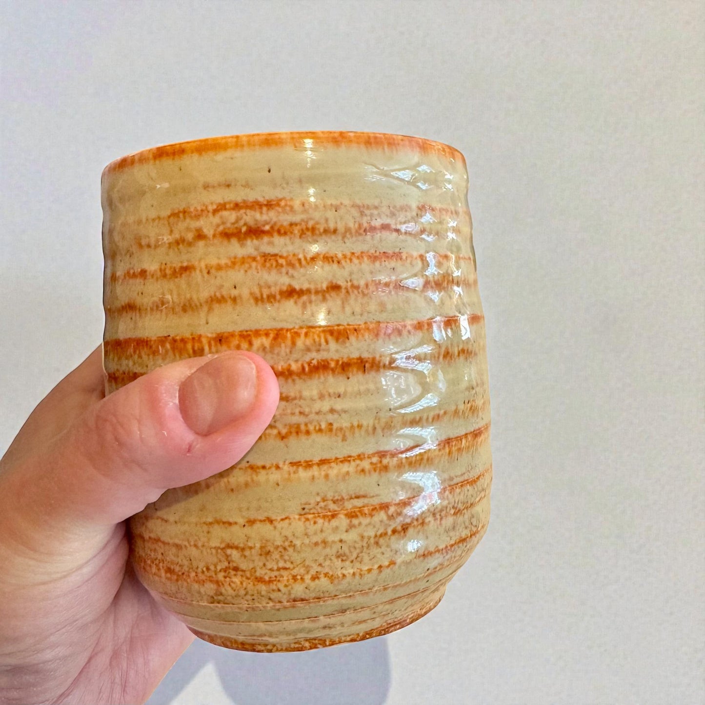 Rock N Art Shop handmade stoneware cocktail tumbler with earthy glaze and horizontal texture. 12 oz.