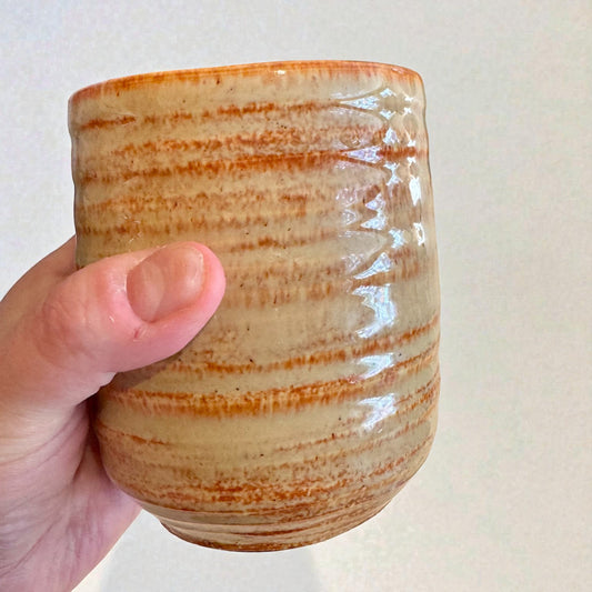 Rock N Art Shop handmade stoneware cocktail tumbler with earthy glaze and horizontal texture. 12 oz capacity.