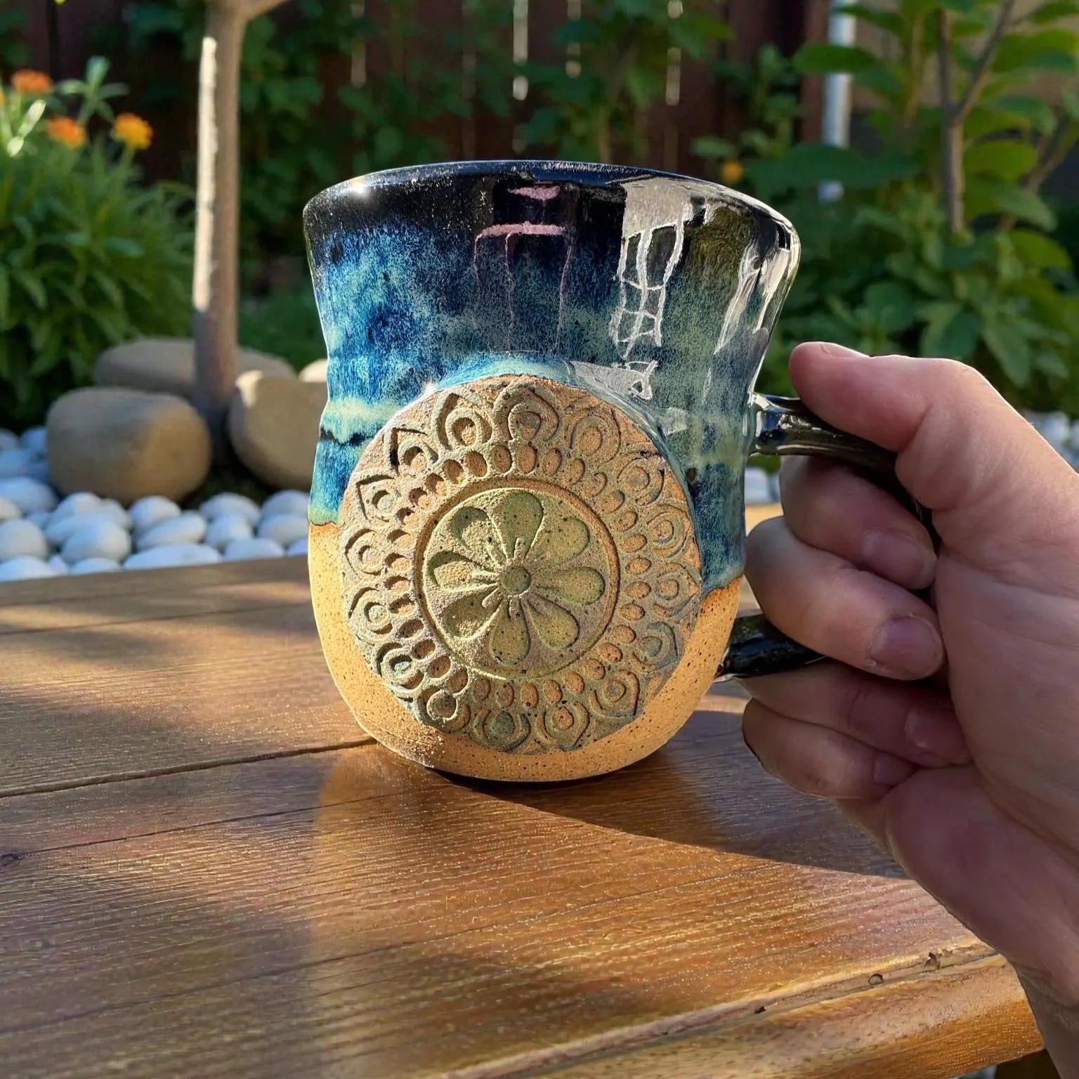 Rock N Art Shop handmade 15 oz stoneware mug with ocean blue & seafoam green glaze and mandala medallion.