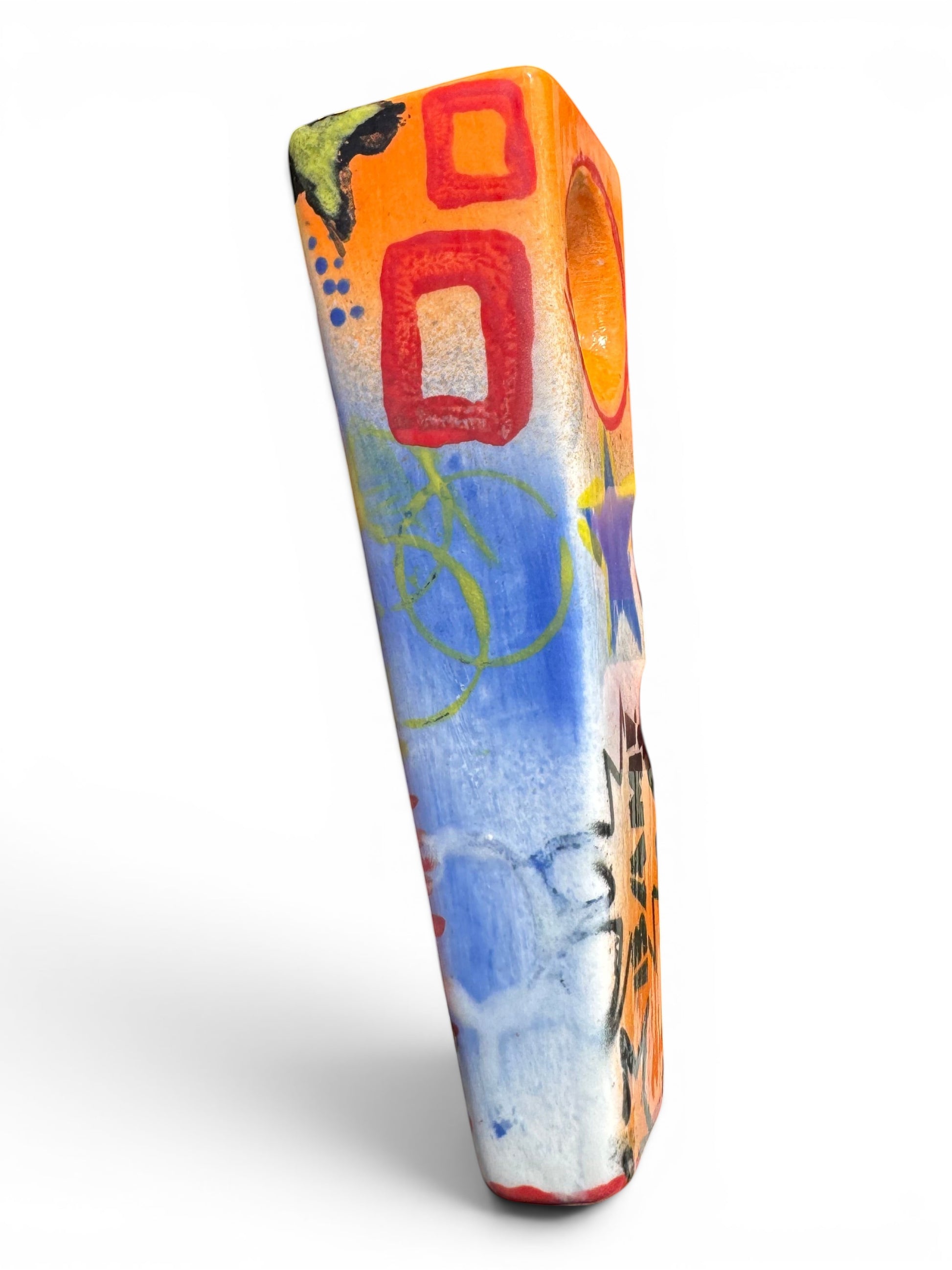 Rock N Art Shop Pop Art ceramic tobacco pipe with BAM! comic burst, cobalt star, and tangerine orange bowl.