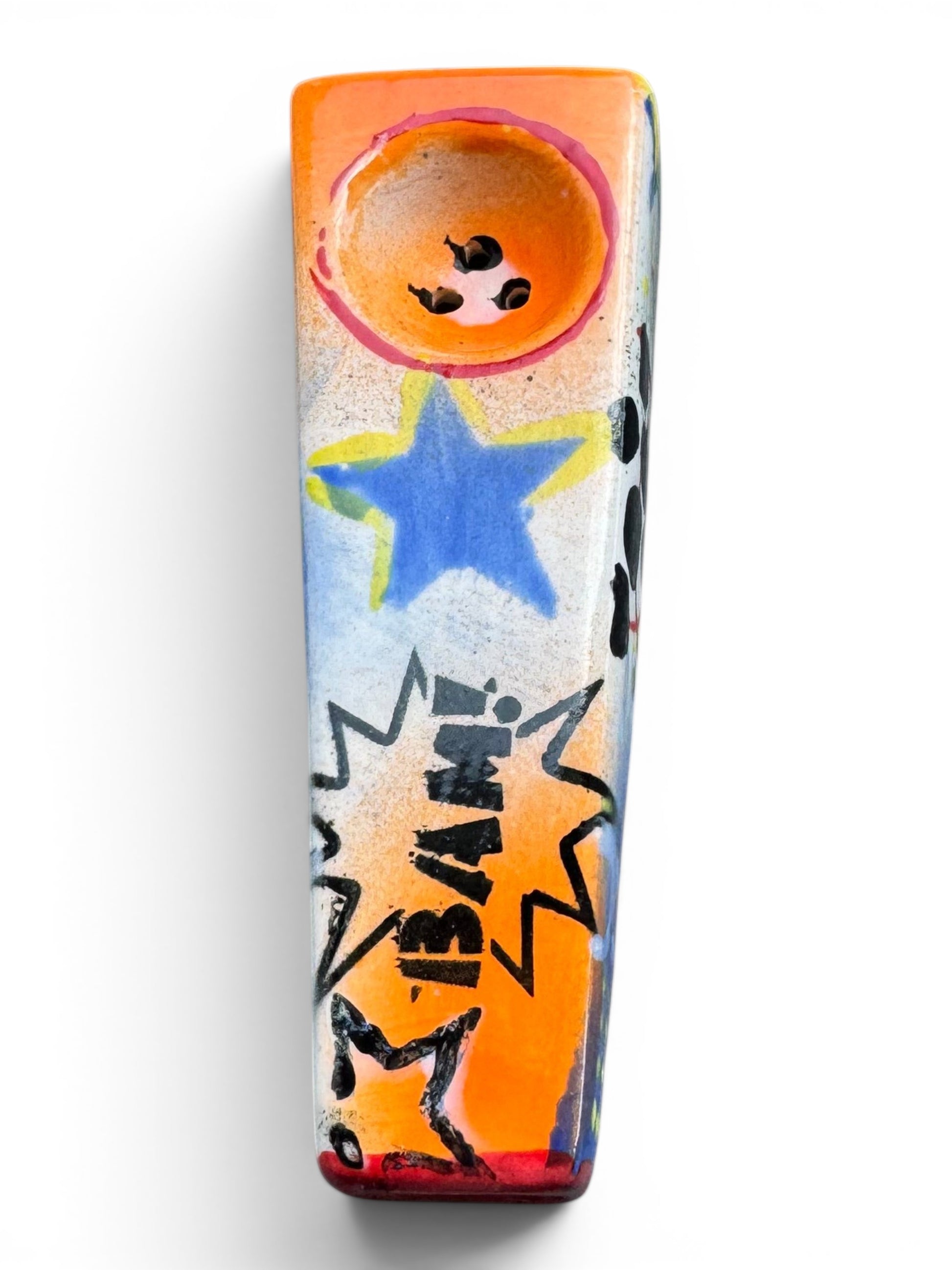 Rock N Art Shop hand-decorated ceramic pipe with BAM! comic burst, blue star, and tangerine orange bowl.