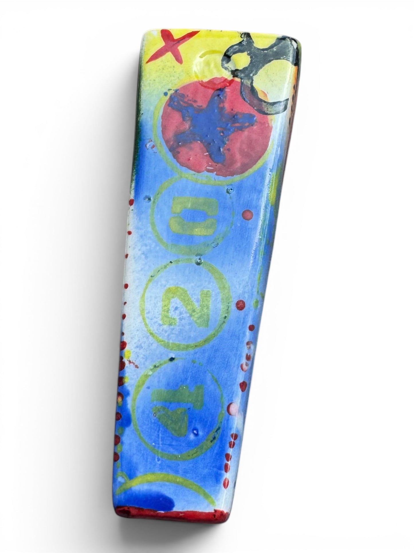 Rock N Art Shop Pop Art ceramic tobacco pipe with BAM! comic burst, cobalt star, and tangerine orange bowl.
