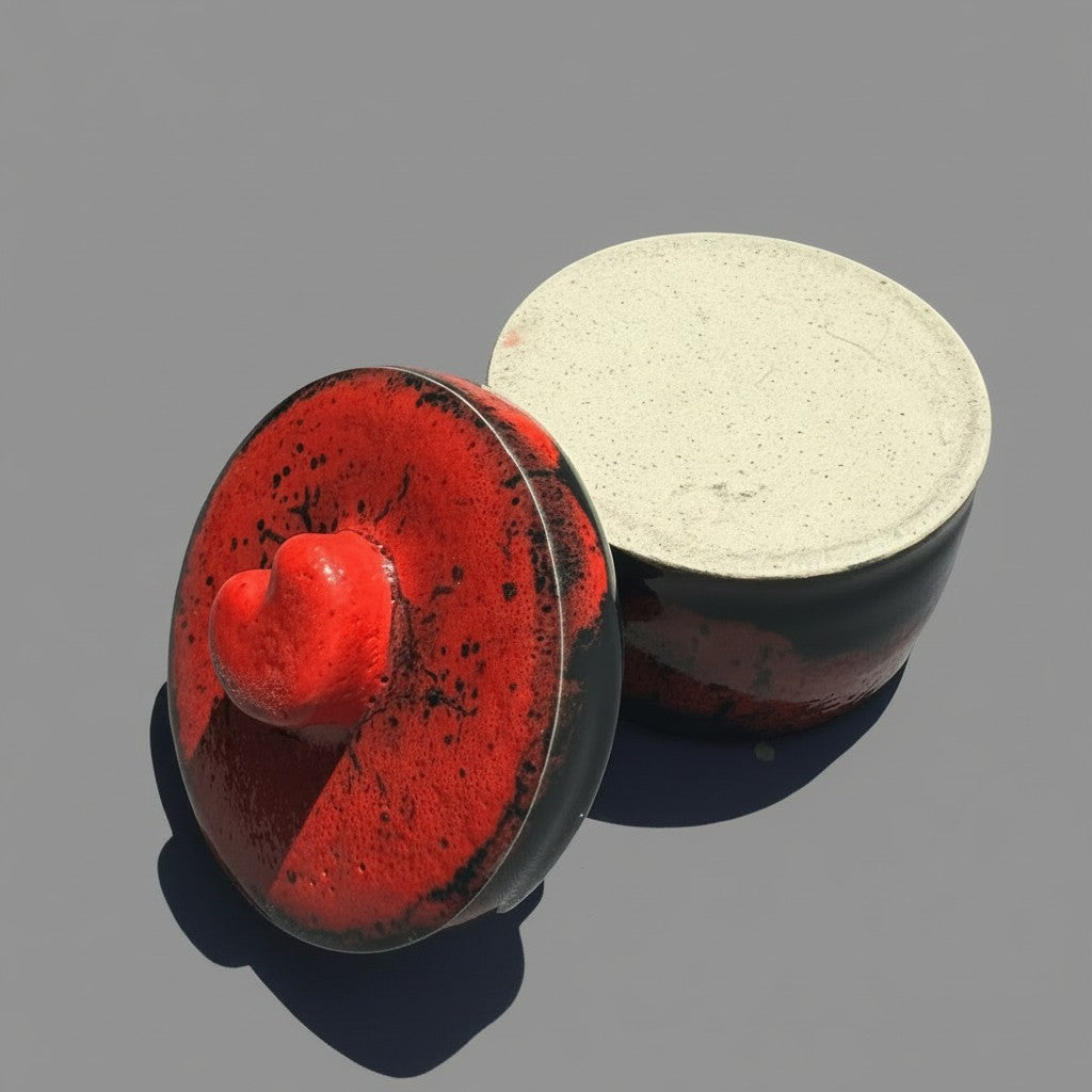 Rock N Art Shop handmade speckled clay lidded jar with a dramatic red and black glaze and a raised red heart knob.