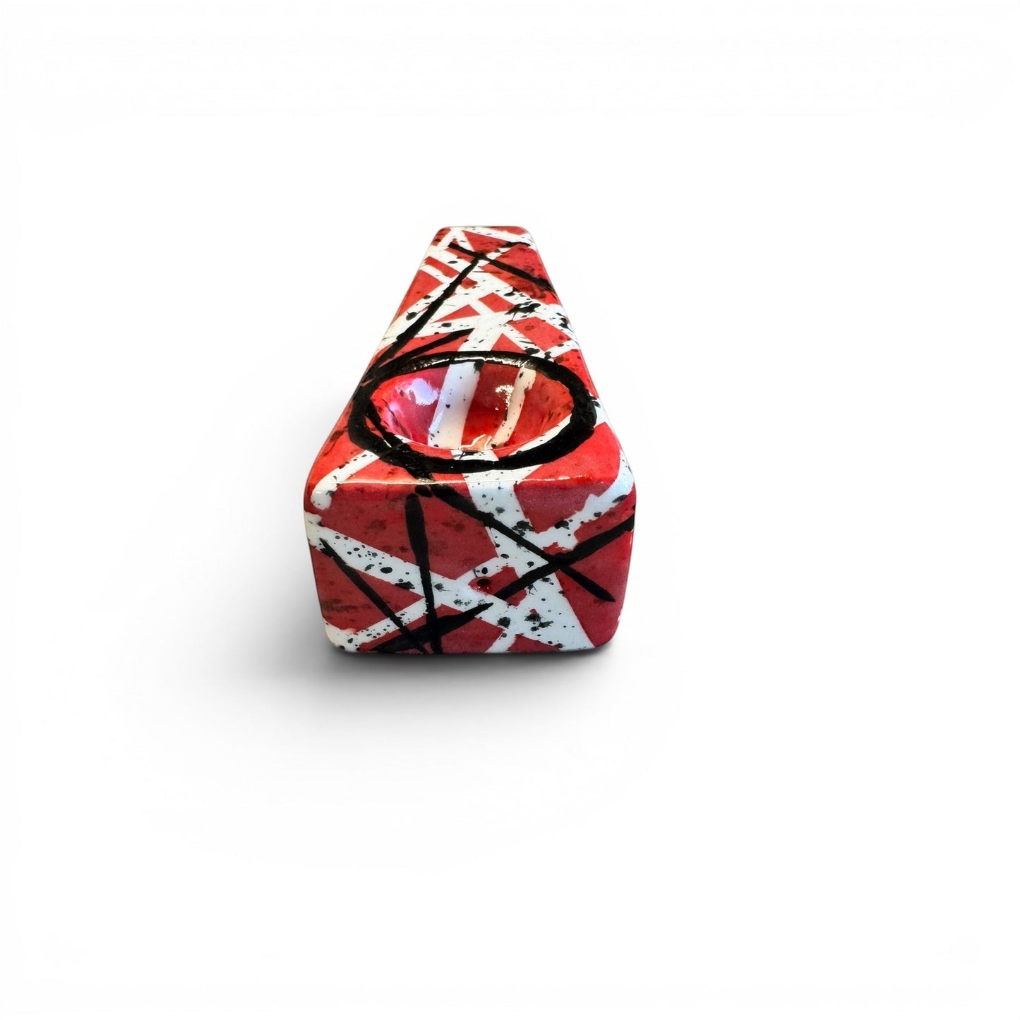 Rock N Art Shop hand-decorated stoneware tobacco pipe with red, black, and white diagonal stripes and black splatter.