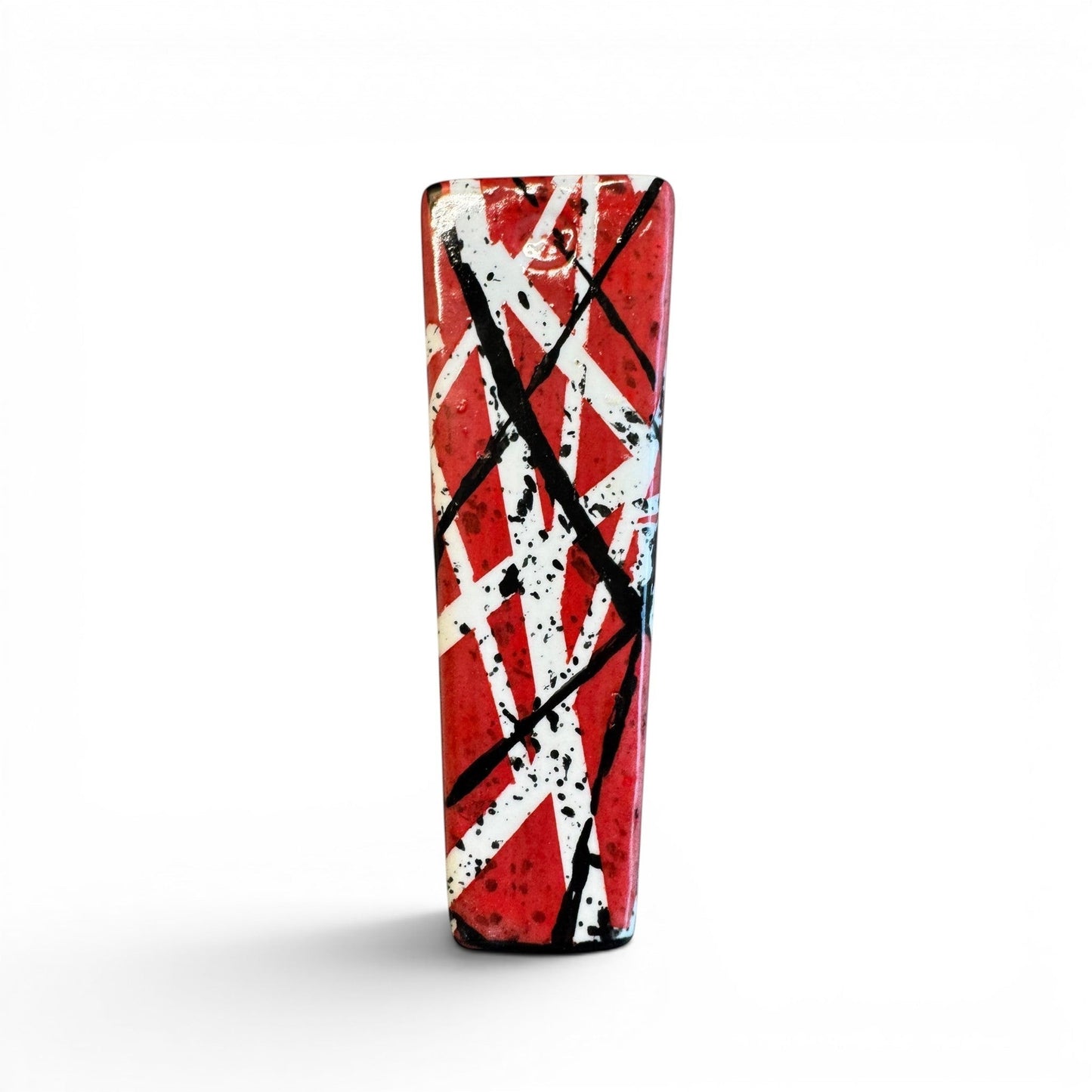 Rock N Art Shop hand-decorated stoneware tobacco pipe with red, black, and white diagonal stripe design and black splatter accents.