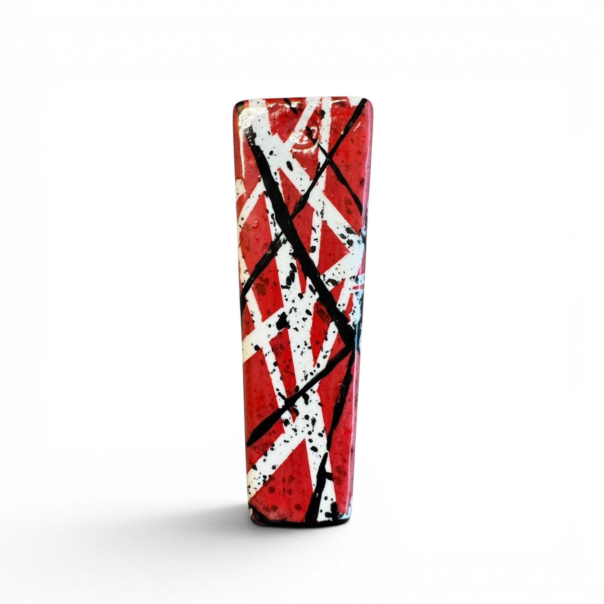 Rock N Art Shop hand-decorated stoneware tobacco pipe with red, black, and white diagonal stripe design and black splatter accents.