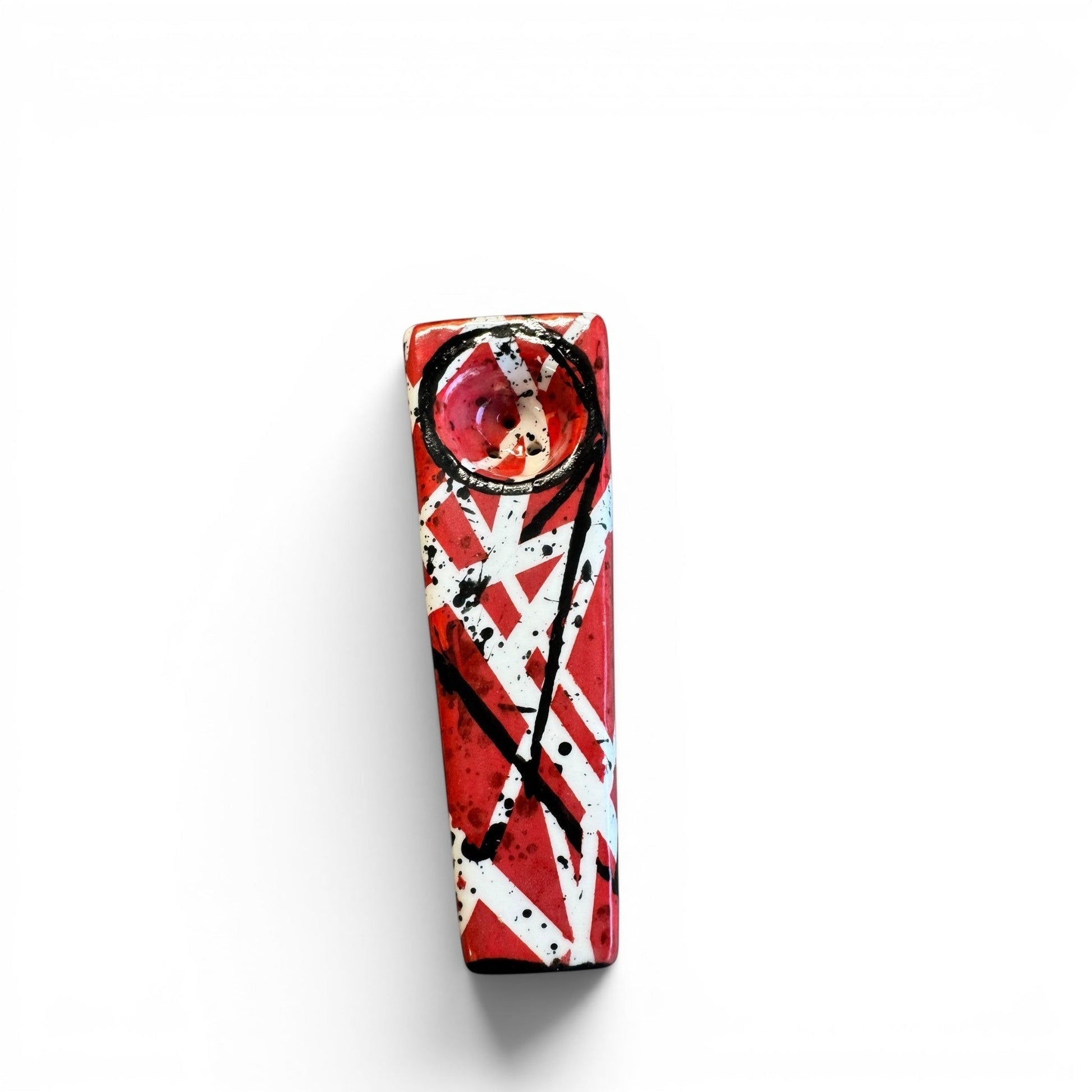 Rock N Art Shop hand-decorated stoneware tobacco pipe with red, black, and white diagonal stripe design and black splatter accents.