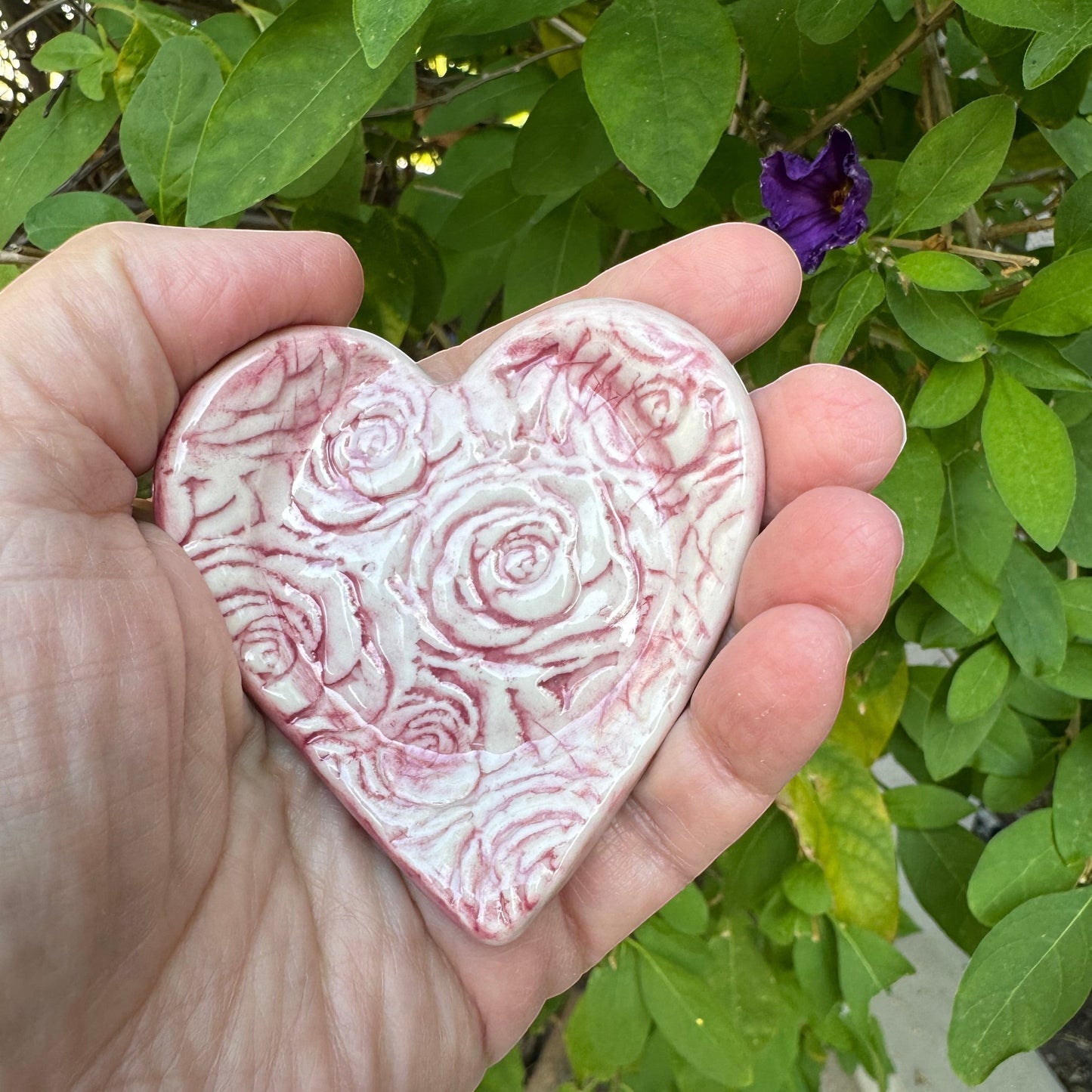 Rock N Art Shop rose relief heart-shaped stoneware trinket dish with watercolor glaze.