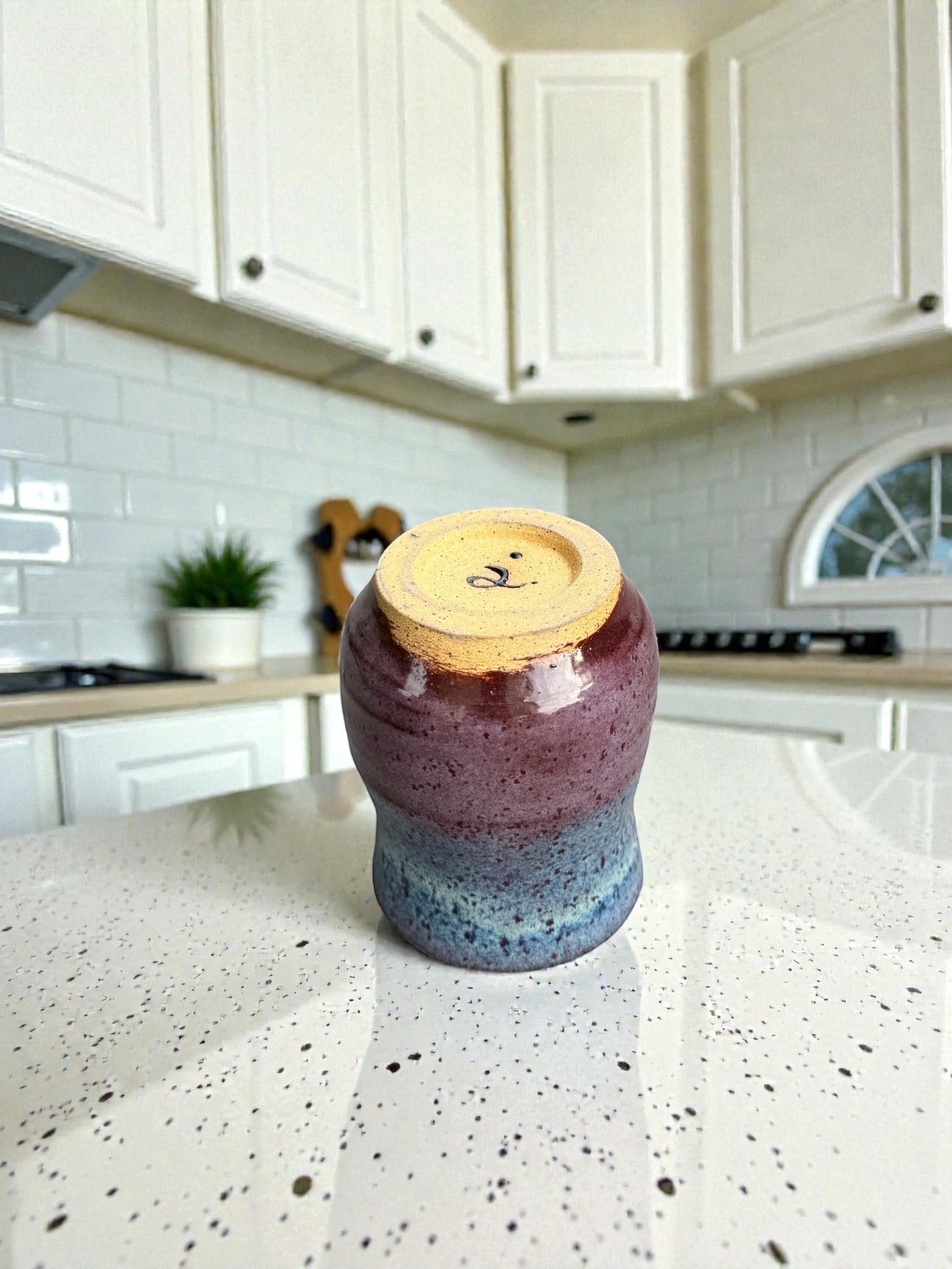 Rock N Art Shop handmade 14 oz speckled blue and plum ceramic mug, wheel-thrown stoneware coffee cup.