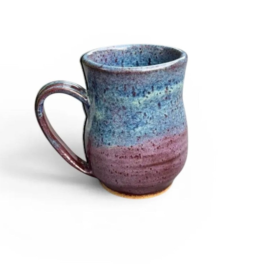 Rock N Art Shop handmade 14 oz speckled blue and plum ceramic mug, wheel-thrown stoneware coffee cup.