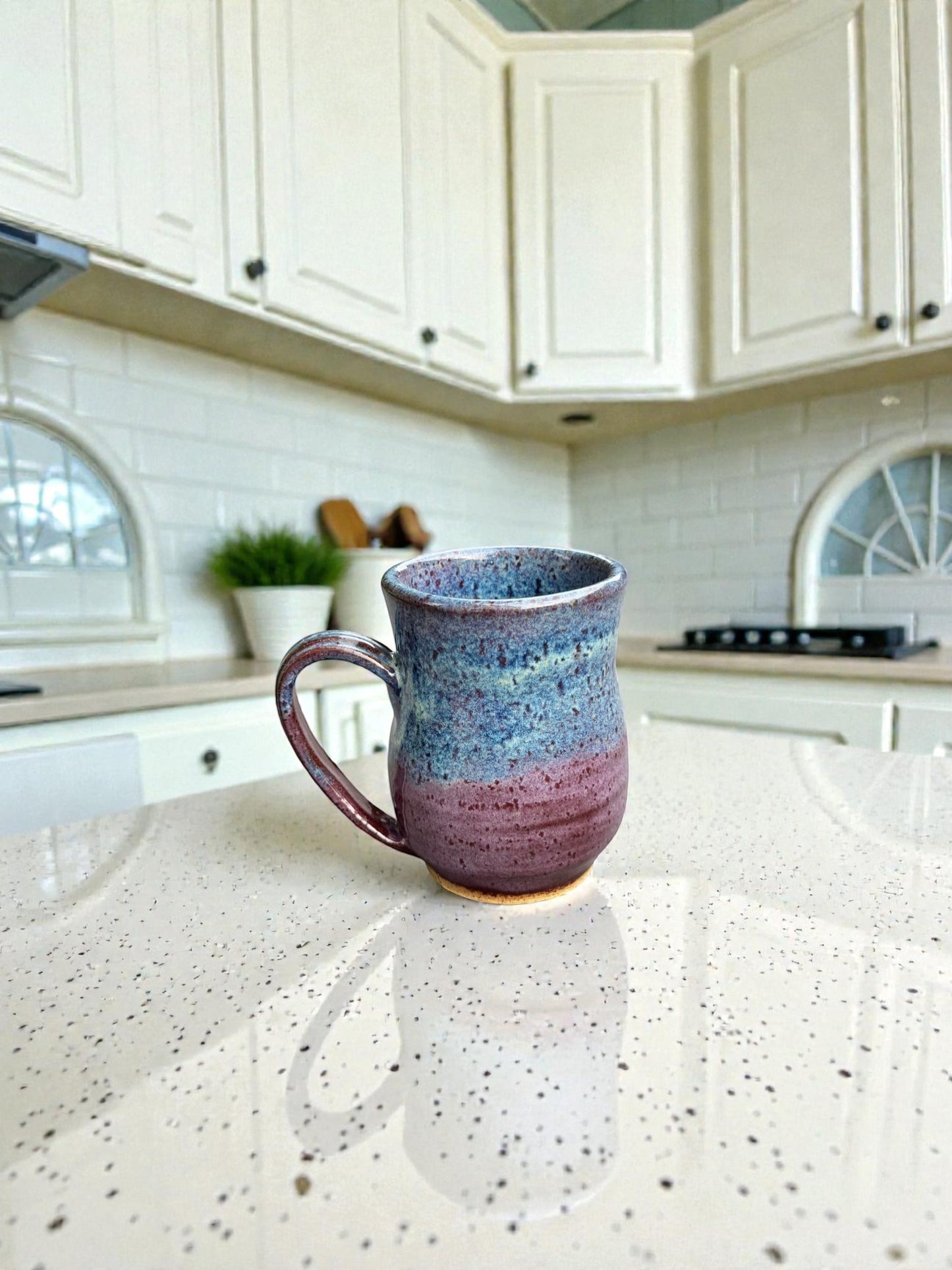 Rock N Art Shop handmade speckled blue and plum ceramic mug, 14 oz wheel-thrown stoneware coffee cup.