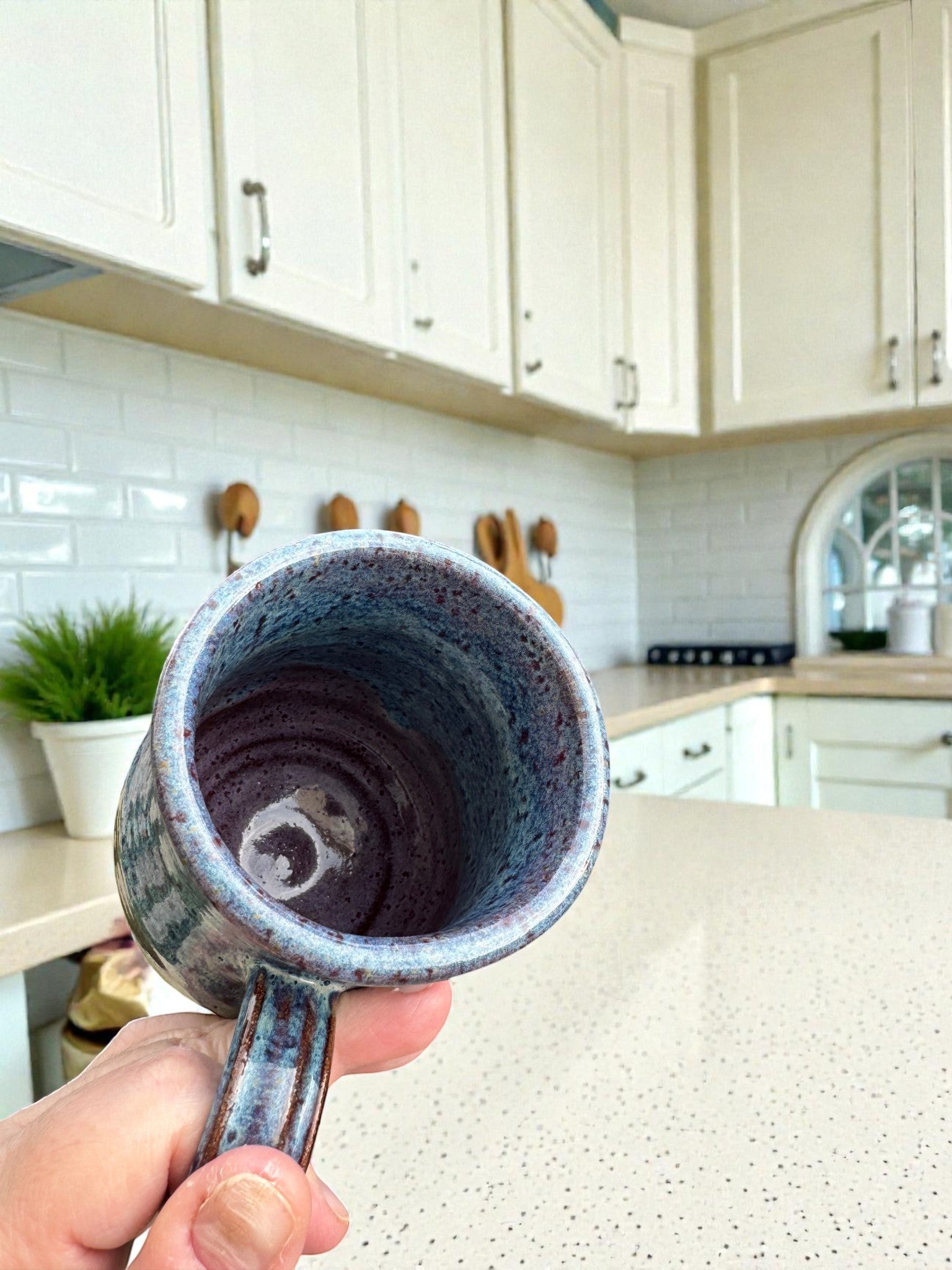 Rock N Art Shop handmade 14 oz speckled blue and plum ceramic mug, wheel-thrown stoneware coffee cup.
