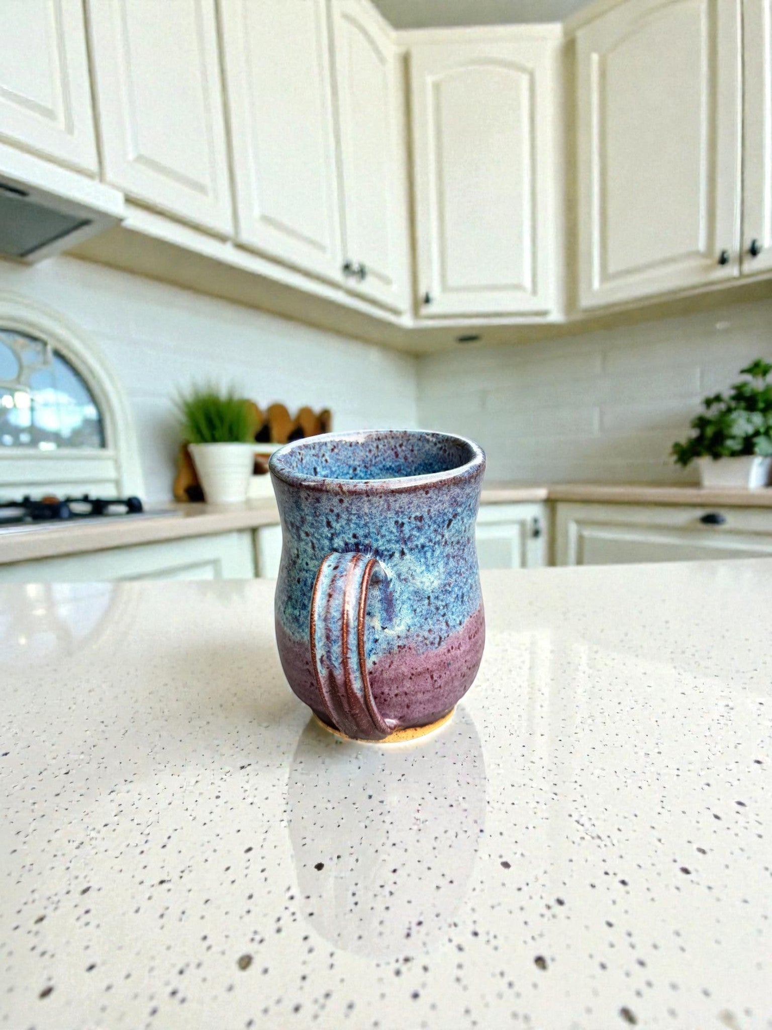 Rock N Art Shop handmade 14 oz speckled blue and plum ceramic mug, wheel-thrown stoneware coffee cup.