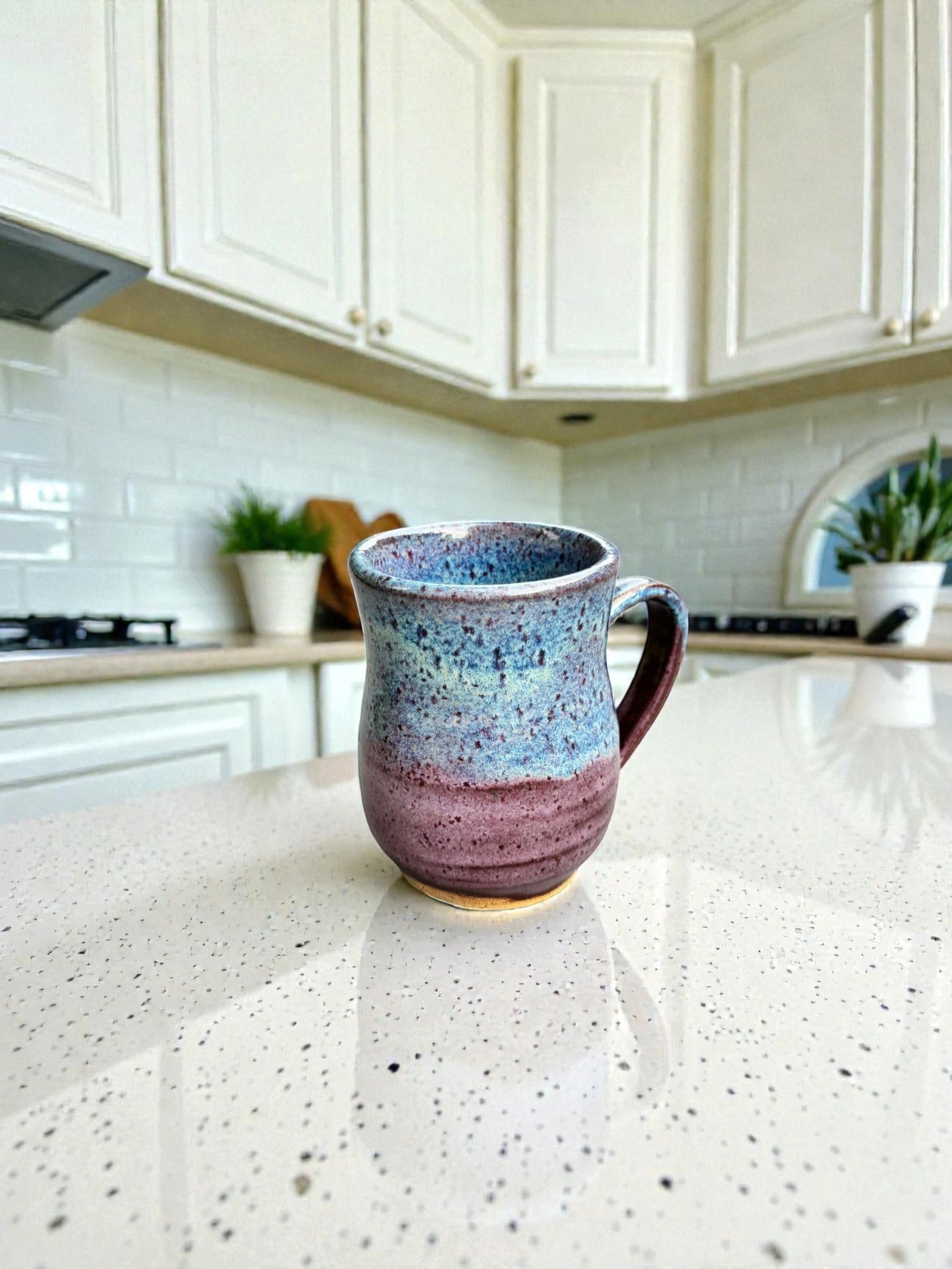 Rock N Art Shop handmade 14 oz speckled blue and plum ceramic mug, wheel-thrown stoneware coffee cup with rustic artisan finish.