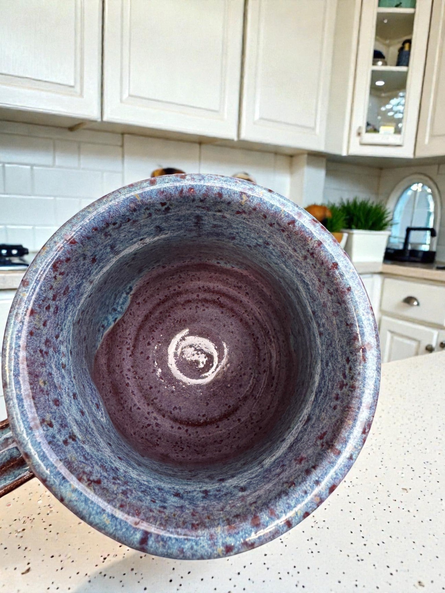 Rock N Art Shop handmade 14 oz speckled blue and plum ceramic mug, wheel-thrown stoneware coffee cup with rustic artisan finish.