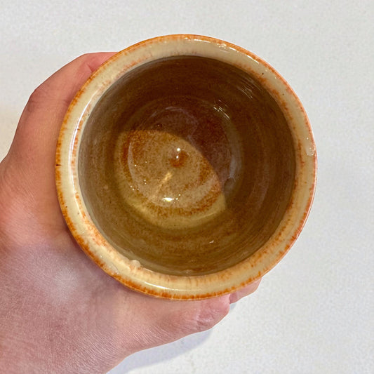 Rock N Art Shop handmade stoneware cocktail tumbler with earthy brown and tan glaze, 12 oz capacity.