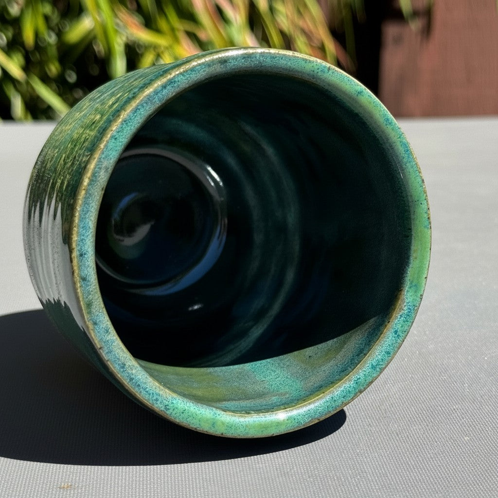 Rock N Art Shop handmade stoneware tumbler with layered turquoise and green glaze, viewed from the top opening.