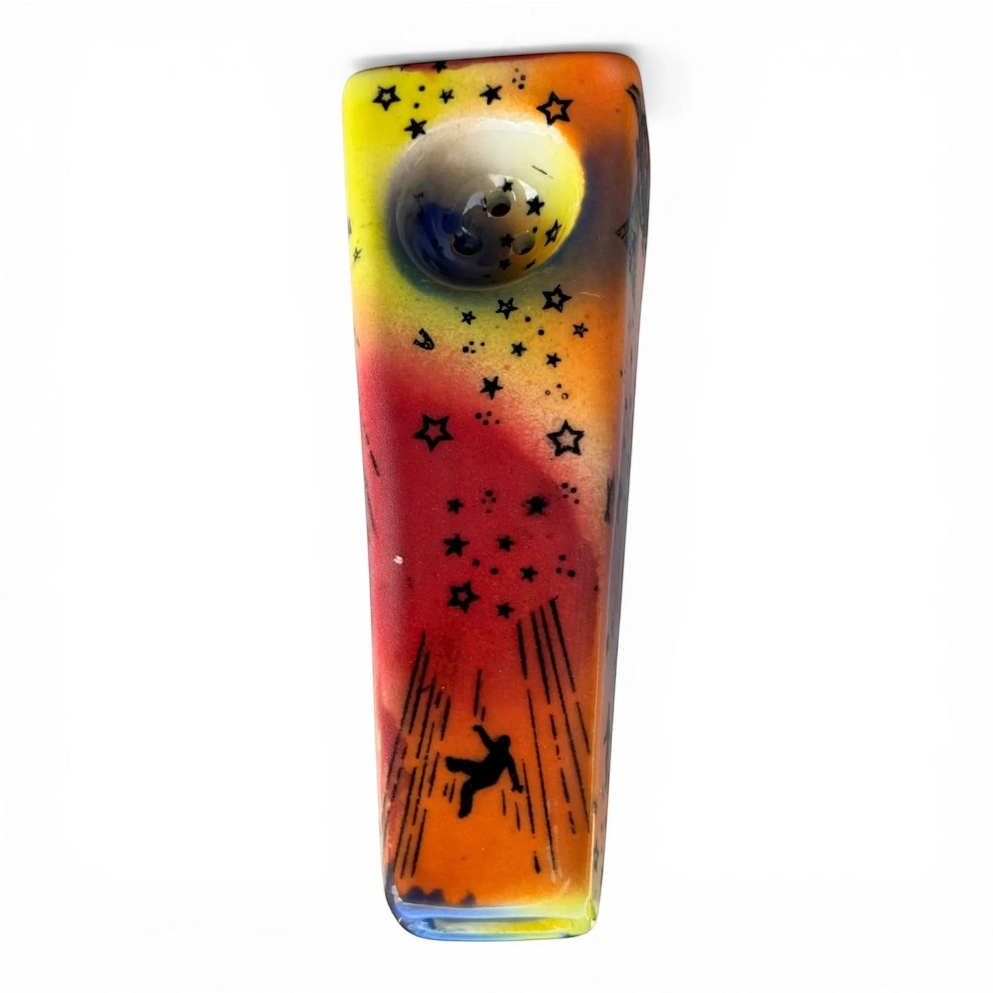 Rock N Art Shop hand-decorated ceramic pipe with UFO, stars, and falling figure design. Yellow, orange, red, and blue.