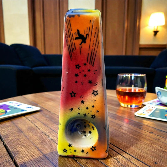 Rock N Art Shop hand-decorated ceramic pipe with UFO and cosmic star design, vibrant orange, red, and yellow gradient.