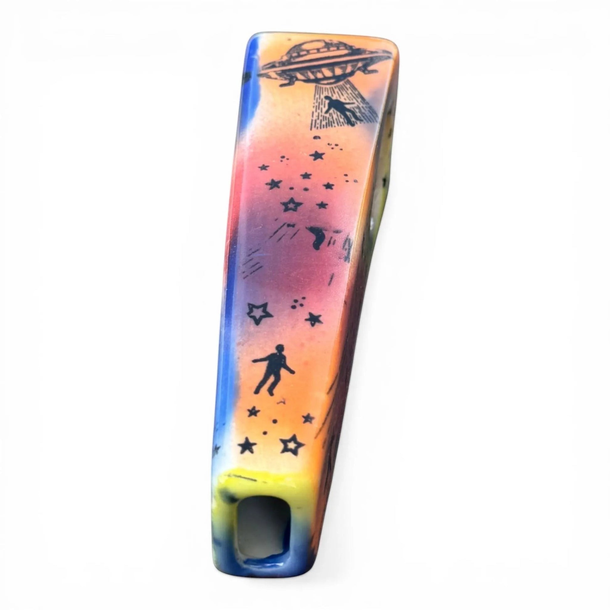Rock N Art Shop hand-decorated ceramic pipe with UFO, stars, and a figure being beamed up. Colorful cosmic design.