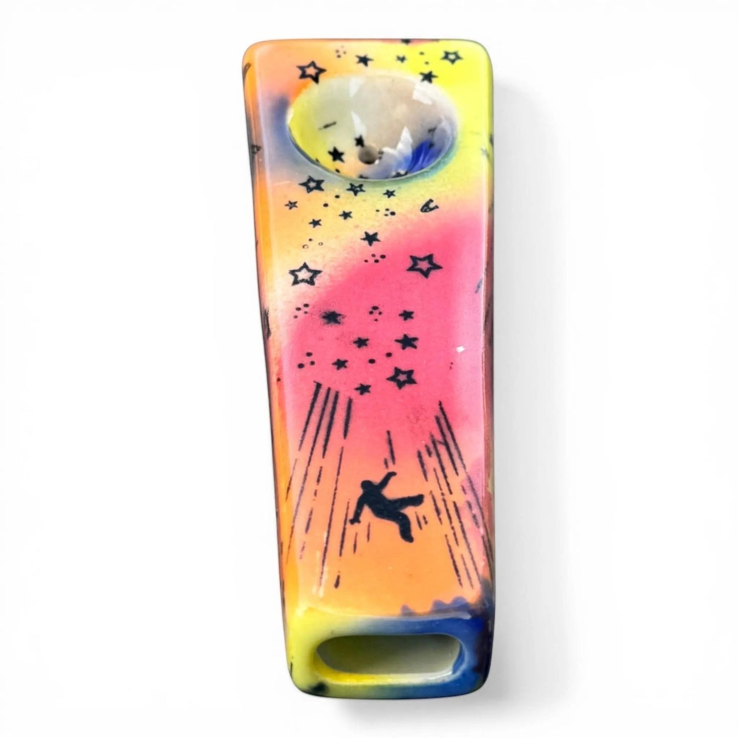 Rock N Art Shop hand-decorated ceramic pipe with UFO and star design, featuring a falling figure and cosmic background in yellow, pink, and orange.