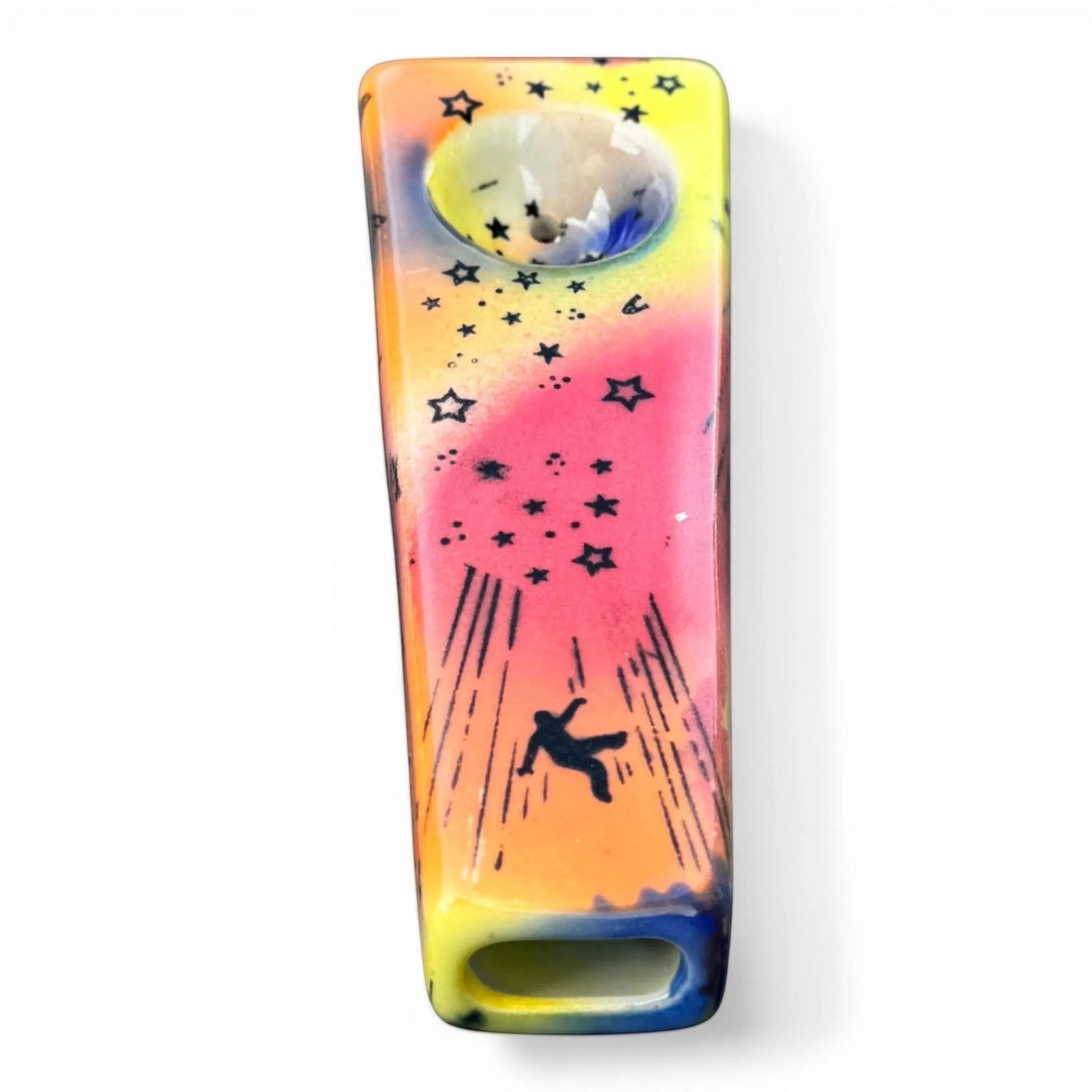 Rock N Art Shop hand-decorated ceramic pipe with UFO and star design, featuring a falling figure and cosmic background in yellow, pink, and orange.