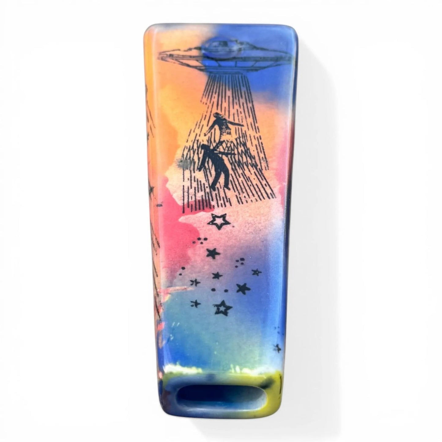 Rock N Art Shop hand-decorated ceramic pipe with UFO abducting people and stars, cosmic colorful glaze.