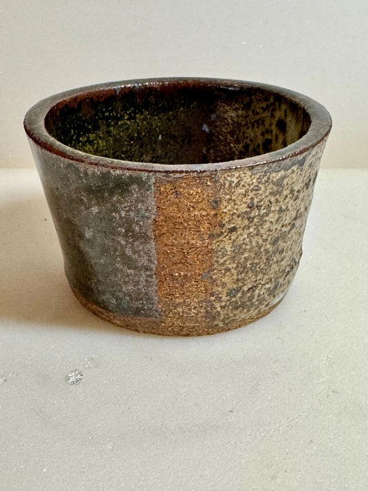 Rock N Art Shop Wabi Sabi ceramic bowl, 6 oz, handmade stoneware with earthy glaze in moss, iron, and brown tones.