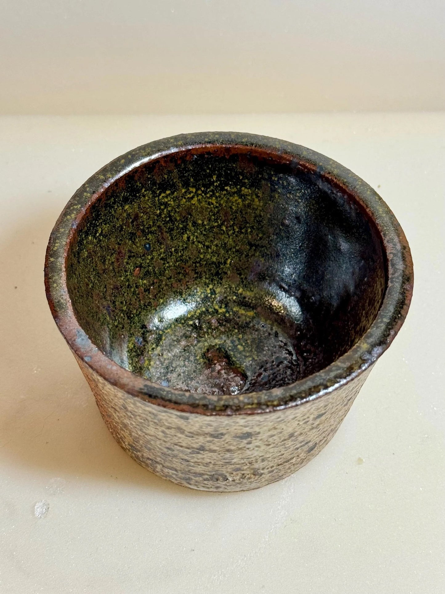 Rock N Art Shop Wabi Sabi ceramic bowl, 6 oz, handmade stoneware with earthy glaze in moss, iron, and brown tones.
