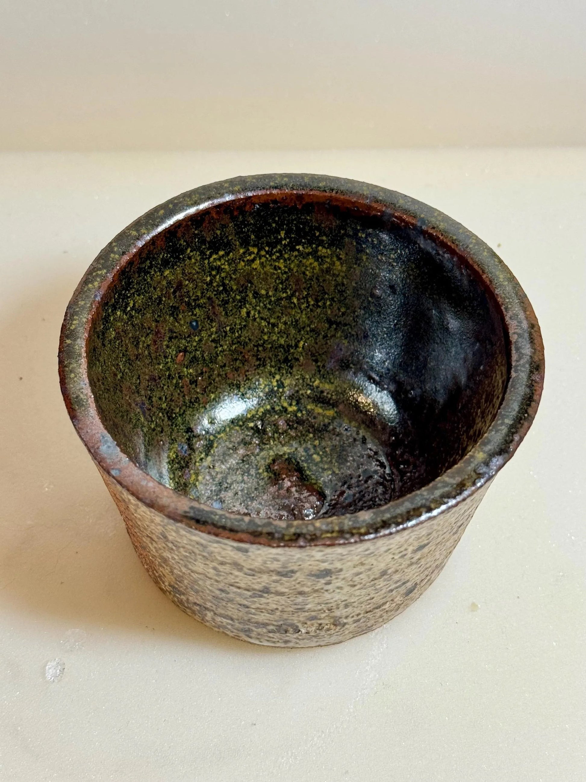 Rock N Art Shop Wabi Sabi ceramic bowl, 6 oz, handmade stoneware with earthy glaze in moss, iron, and brown tones.