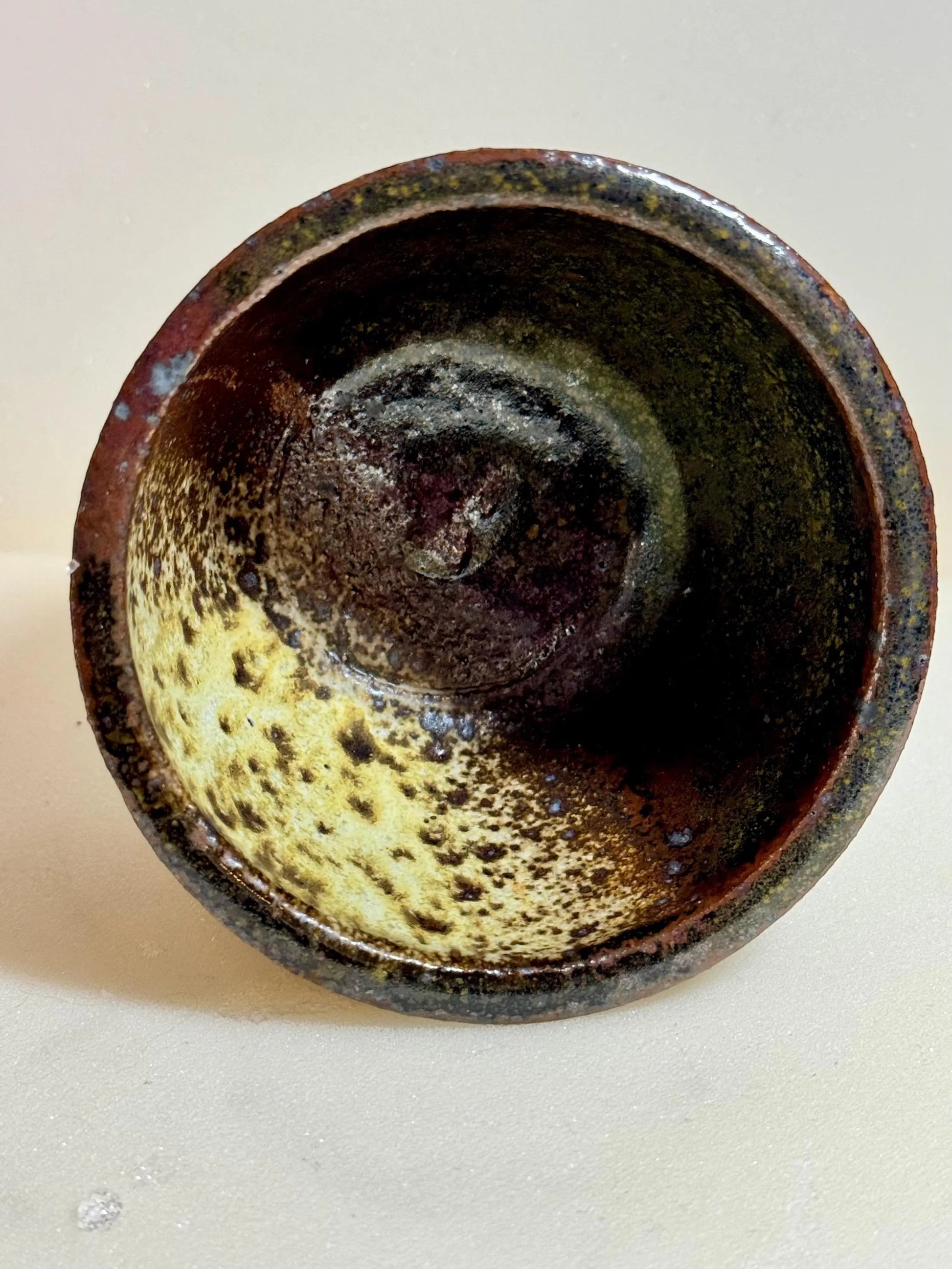Rock N Art Shop handmade wabi-sabi ceramic bowl, 6 oz, stoneware with earthy glaze in moss, iron, and brown tones.