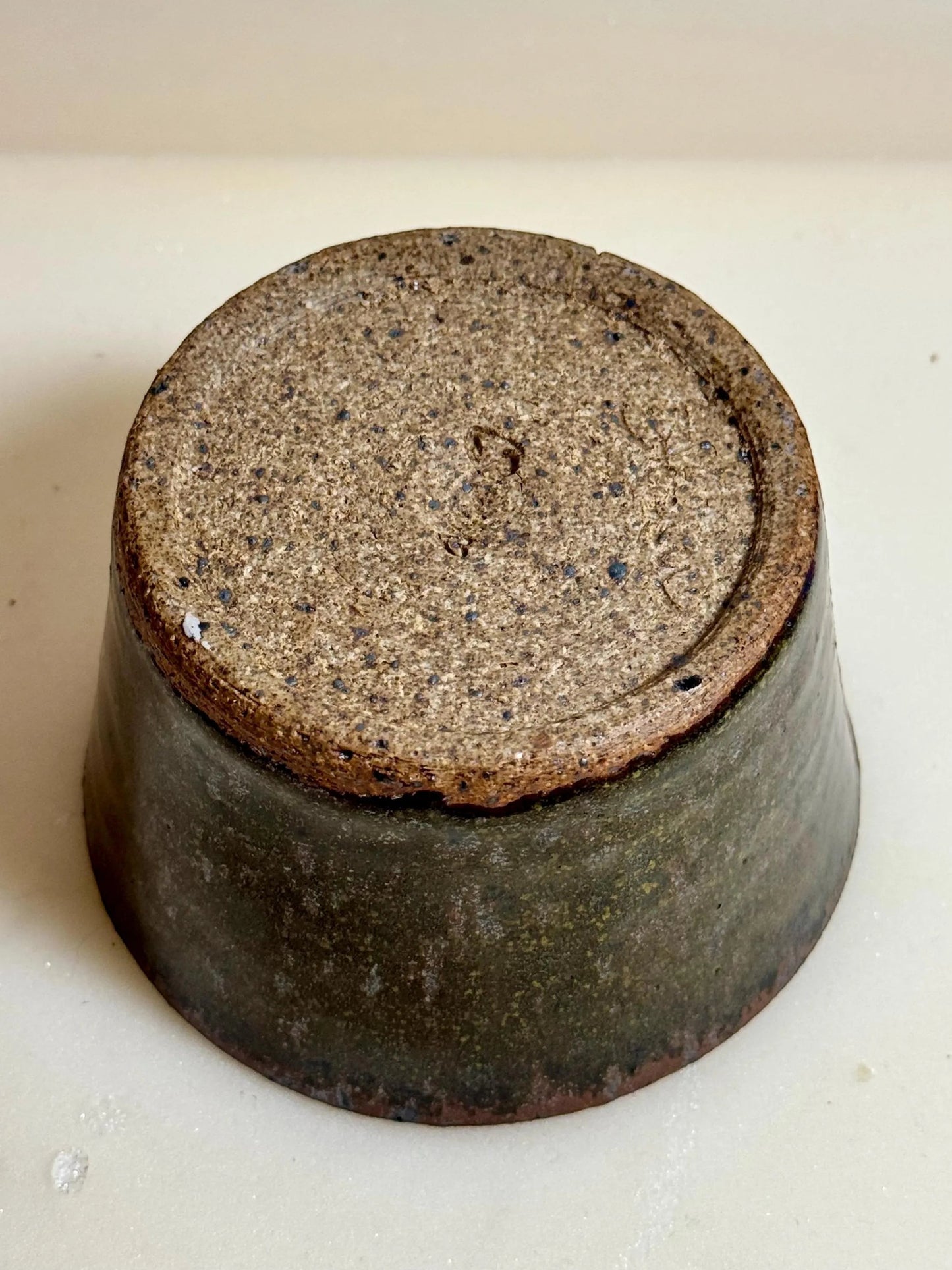 Rock N Art Shop Wabi Sabi ceramic bowl, 6 oz stoneware, handmade dessert bowl with earthy glaze in moss and brown tones.
