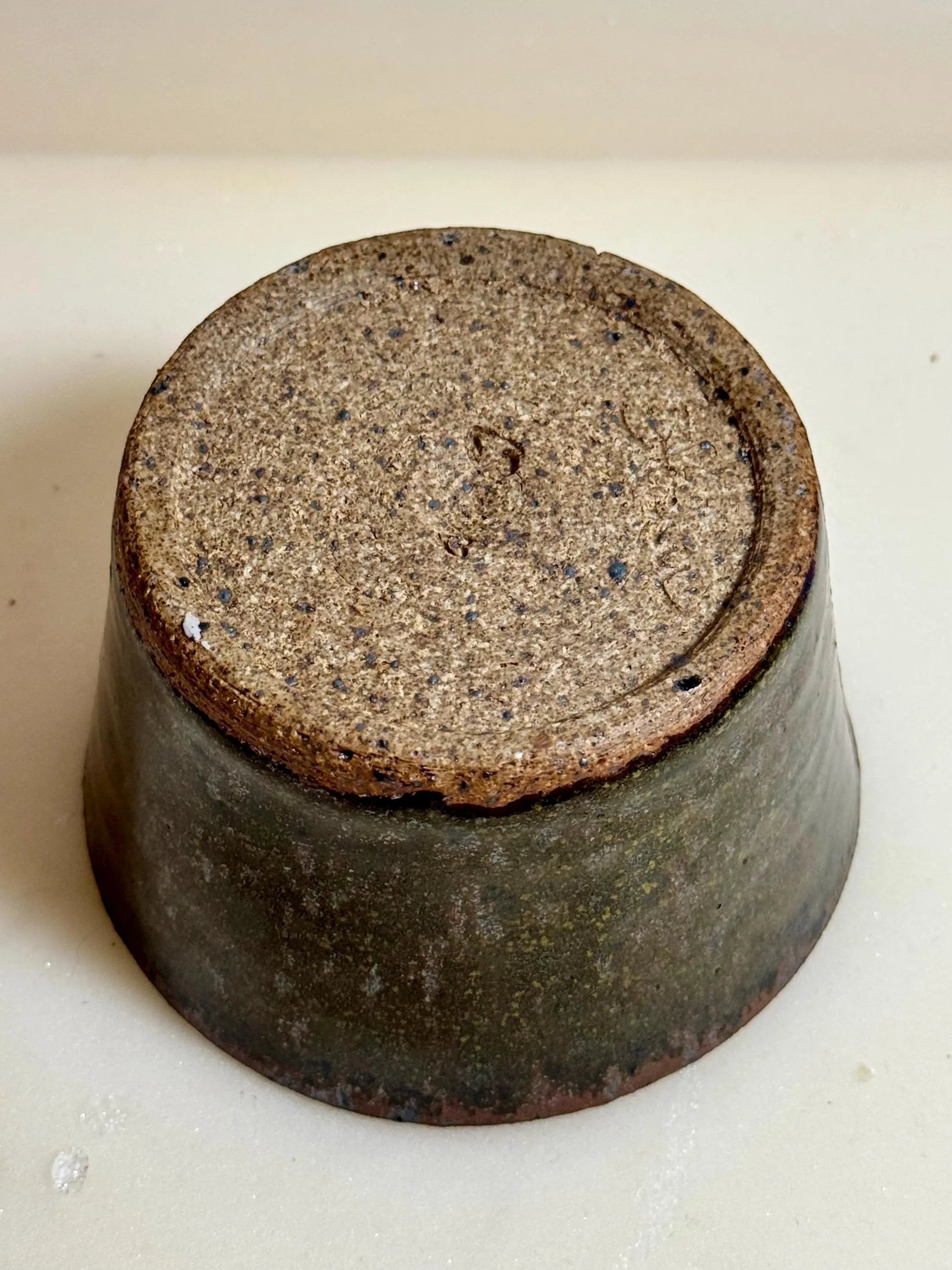 Rock N Art Shop Wabi Sabi ceramic bowl, 6 oz stoneware, handmade dessert bowl with earthy glaze in moss and brown tones.